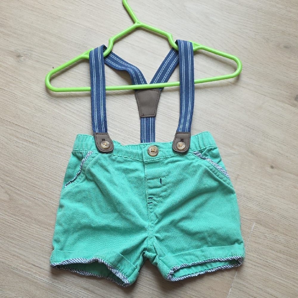 Green Baby/Toddler Shorts with Navy Striped Suspenders Size 3/6M